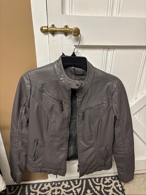 Womens Gray Faux Leather Moto Jacket